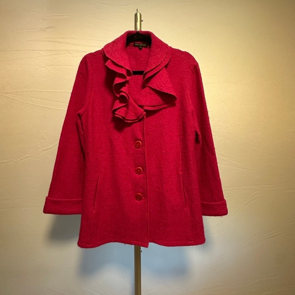 For Cynthia Pink Wool Ruffle Collar Button Front Coat Women's L